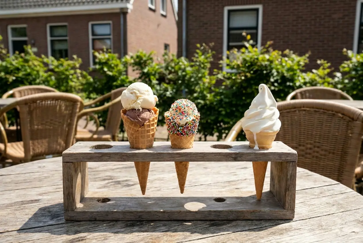 Drie ijsjes in hoorntjes in een houten standaard op een verweerde tuintafel, met rieten stoelen en groen op de achtergrond.