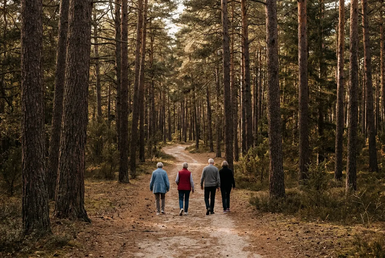 Vier wandelaars van achteren op een zandpad door een hoog naaldbos in het najaarslicht.